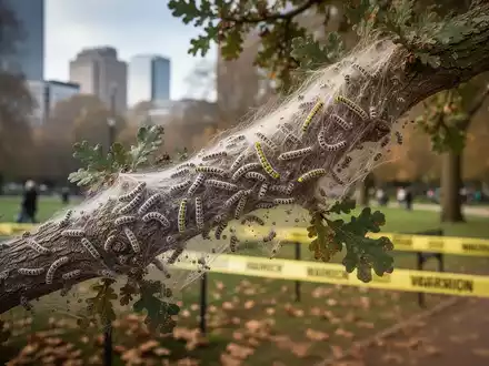 Ein Ast einer Eiche ist dicht mit Eichenprozessionsspinner-Raupen und ihren Nestern bedeckt, im Hintergrund ist ein Stadtpark mit Absperrband zu sehen. - Foto: über boerse-global.de