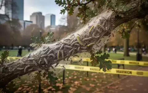 Ein Ast einer Eiche ist dicht mit Eichenprozessionsspinner-Raupen und ihren Nestern bedeckt, im Hintergrund ist ein Stadtpark mit Absperrband zu sehen. - Foto: über boerse-global.de