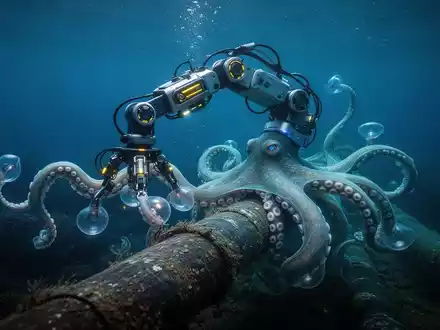 Advanced soft robotic arm, resembling an octopus tentacle with suckers, inspecting an underwater pipeline in a deep-sea environment. - Foto: über boerse-global.de
