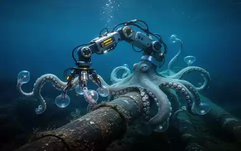 Advanced soft robotic arm, resembling an octopus tentacle with suckers, inspecting an underwater pipeline in a deep-sea environment. - Foto: über boerse-global.de