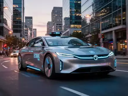 A sleek, futuristic Waymo robotaxi driving through a modern city street at dusk, showcasing autonomous technology in an urban setting. - Foto: über boerse-global.de