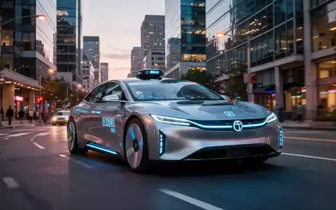 A sleek, futuristic Waymo robotaxi driving through a modern city street at dusk, showcasing autonomous technology in an urban setting. - Foto: über boerse-global.de