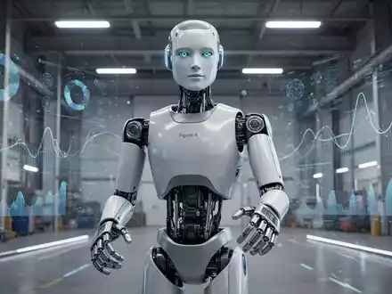 A sophisticated Figure AI humanoid robot in a futuristic industrial setting, with data visualizations in the background. - Foto: über boerse-global.de