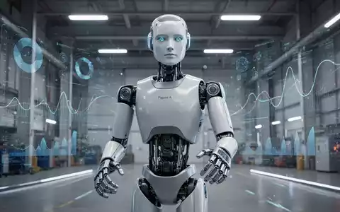 A sophisticated Figure AI humanoid robot in a futuristic industrial setting, with data visualizations in the background. - Foto: über boerse-global.de