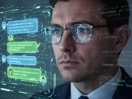 Ein futuristisches Chatbot-Interface auf einem Bildschirm, das sich in der Brille eines Geschäftsmanns spiegelt, umgeben von Codezeilen. - Foto: über boerse-global.de