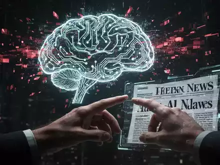 A digital brain with glitching circuits and a hand reaching for a distorted news interface, symbolizing AI unreliability in fact-checking. - Foto: über boerse-global.de