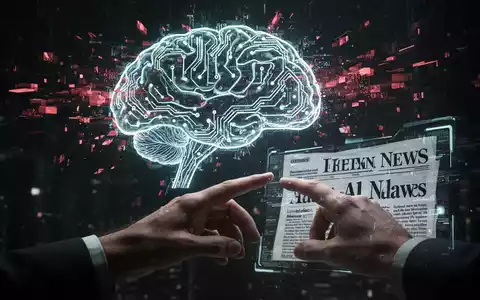 A digital brain with glitching circuits and a hand reaching for a distorted news interface, symbolizing AI unreliability in fact-checking. - Foto: über boerse-global.de