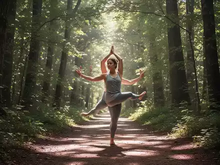 Eine Person praktiziert Qigong oder dehnt sich auf einem sonnenbeschienenen Waldweg, umgeben von grünen Bäumen. - Foto: über boerse-global.de