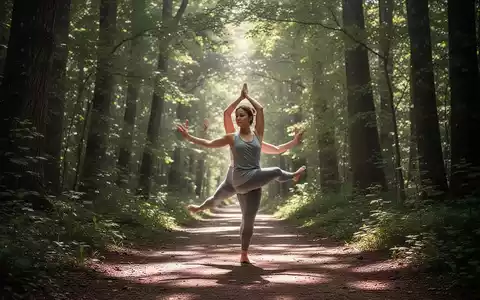 Eine Person praktiziert Qigong oder dehnt sich auf einem sonnenbeschienenen Waldweg, umgeben von grünen Bäumen. - Foto: über boerse-global.de