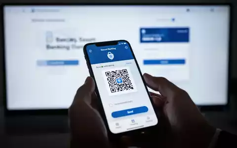 A hand holds a smartphone displaying a banking app with a QR code, with a blurred computer screen in the background. - Foto: über boerse-global.de