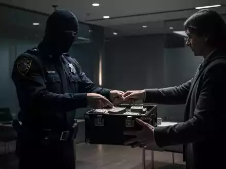 Eine Person in Polizeiuniform, deren Gesicht nicht zu sehen ist, übergibt in einem schummrigen Raum einen Koffer voller Bargeld. - Foto: über boerse-global.de