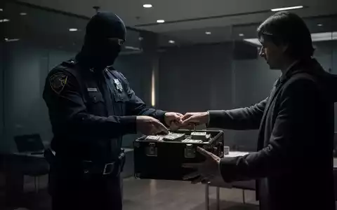 Eine Person in Polizeiuniform, deren Gesicht nicht zu sehen ist, übergibt in einem schummrigen Raum einen Koffer voller Bargeld. - Foto: über boerse-global.de