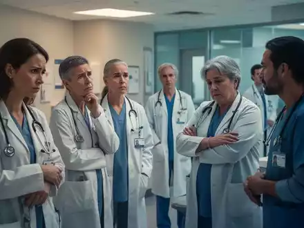 Ein Team von medizinischem Fachpersonal in einer modernen Klinik, einige wirken gestresst, andere führen unterstützende Gespräche. - Foto: über boerse-global.de