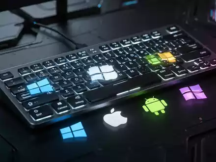 A close-up of a modern computer peripheral with illuminated function keys, reflecting operating system icons for Windows, Apple, and Android. - Foto: über boerse-global.de