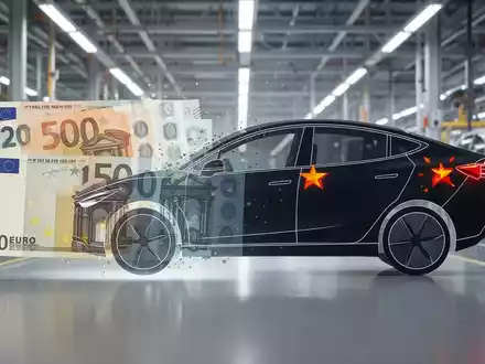 Deutsche Euro-Banknoten, die sich in die Silhouette eines chinesischen Elektroautos verwandeln, symbolisieren Subventionen. - Foto: über boerse-global.de