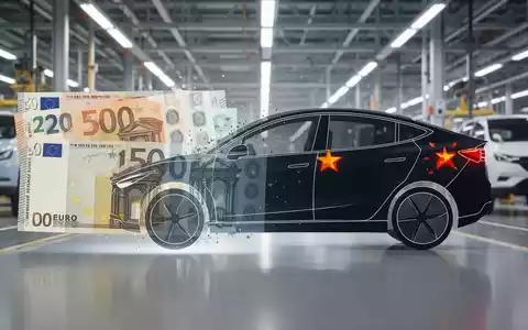 Deutsche Euro-Banknoten, die sich in die Silhouette eines chinesischen Elektroautos verwandeln, symbolisieren Subventionen. - Foto: über boerse-global.de