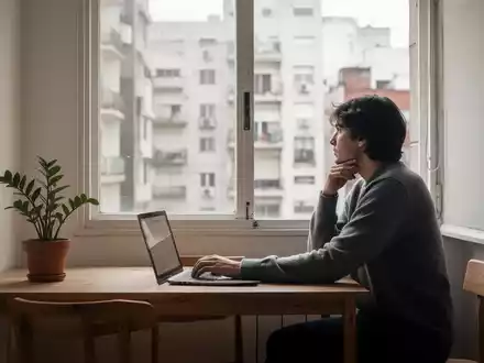 Ein minimalistisches Apartment in Buenos Aires mit einer Person, die aus dem Fenster schaut, und einem Laptop auf einem Holztisch. - Foto: über boerse-global.de