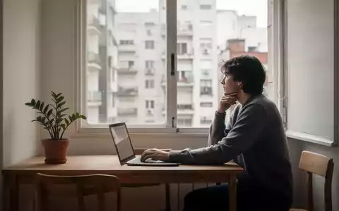 Ein minimalistisches Apartment in Buenos Aires mit einer Person, die aus dem Fenster schaut, und einem Laptop auf einem Holztisch. - Foto: über boerse-global.de
