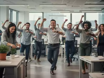 Büroangestellte, die während einer Tanzpause lächeln, während eine andere Person eine Pflanze auf dem Schreibtisch pflegt, in einem modernen Büro. - Foto: über boerse-global.de