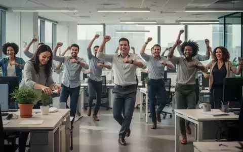 Büroangestellte, die während einer Tanzpause lächeln, während eine andere Person eine Pflanze auf dem Schreibtisch pflegt, in einem modernen Büro. - Foto: über boerse-global.de