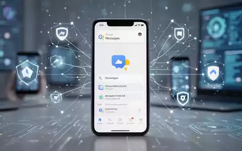 A smartphone screen showing the Google Messages app, with digital connections radiating outwards to represent new features and encryption. - Foto: über boerse-global.de