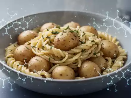 Eine Nahaufnahme von abgekühlten gekochten Nudeln und Kartoffeln in einer Schale, mit einer schematischen Darstellung von Stärkemolekülen. - Foto: über boerse-global.de