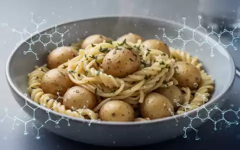 Eine Nahaufnahme von abgekühlten gekochten Nudeln und Kartoffeln in einer Schale, mit einer schematischen Darstellung von Stärkemolekülen. - Foto: über boerse-global.de
