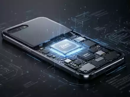 A futuristic smartphone, partially transparent, revealing glowing internal components like a processor and modem, against a dark background. - Foto: über boerse-global.de