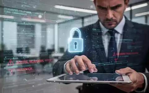 Ein verschwommenes digitales Interface mit Datenströmen und Sicherheitswarnungen, überlagert von einem leuchtenden Vorhängeschloss-Symbol. Im Vordergrund ist ein Anzugträger zu sehen, der nach einem Tablet greift. - Foto: über boerse-global.de