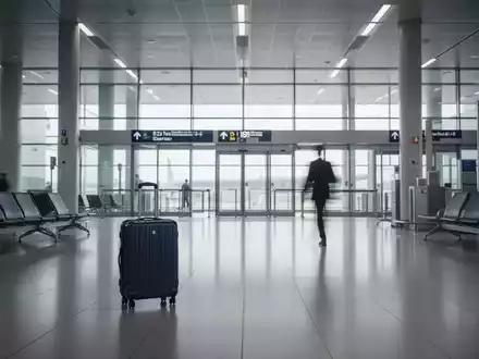 Eine Person mit Koffer geht in einer modernen Flughafenabflughalle auf ein Gate zu, symbolisiert das Verlassen Deutschlands. - Foto: über boerse-global.de