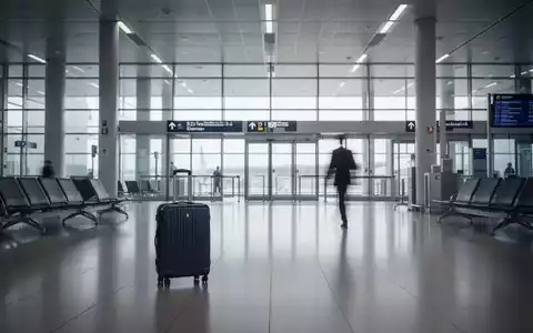 Eine Person mit Koffer geht in einer modernen Flughafenabflughalle auf ein Gate zu, symbolisiert das Verlassen Deutschlands. - Foto: über boerse-global.de