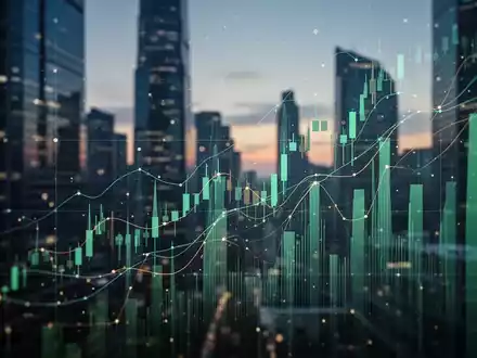 Abstrakte Darstellung von steigenden Aktienkursen und digitalen Datenströmen vor einem Finanzviertel. - Foto: über boerse-global.de