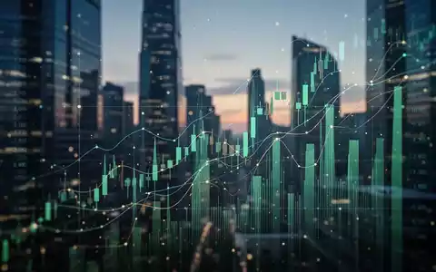 Abstrakte Darstellung von steigenden Aktienkursen und digitalen Datenströmen vor einem Finanzviertel. - Foto: über boerse-global.de