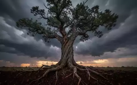 Ein alter, verwurzelter Baum steht fest vor einem stürmischen Himmel, der Stabilität in Zeiten des Wandels symbolisiert. - Foto: über boerse-global.de