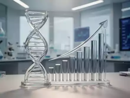 Abstrakte Darstellung von Medizin und Finanzen mit einer DNA-Helix und einem steigenden Balkendiagramm aus Glas. - Foto: über boerse-global.de
