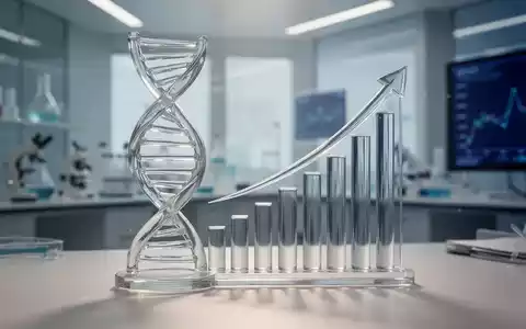 Abstrakte Darstellung von Medizin und Finanzen mit einer DNA-Helix und einem steigenden Balkendiagramm aus Glas. - Foto: über boerse-global.de
