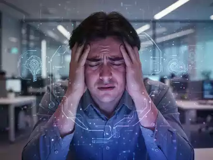 Eine Person hält den Kopf in den Händen vor einem leuchtenden digitalen Interface, das mentale Belastung durch KI symbolisiert. - Foto: über boerse-global.de