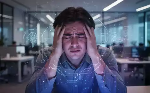 Eine Person hält den Kopf in den Händen vor einem leuchtenden digitalen Interface, das mentale Belastung durch KI symbolisiert. - Foto: über boerse-global.de