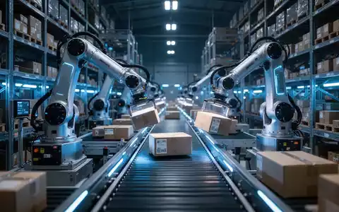 Ein hochmodernes, automatisiertes Lager bei Nacht mit Robotern, die Pakete sortieren. Blaue und weiße Lichter erhellen die Szene. - Foto: über boerse-global.de