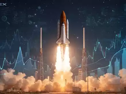 A SpaceX rocket launching into space, with digital financial charts overlaid, representing fintech investment and market performance. - Foto: über boerse-global.de