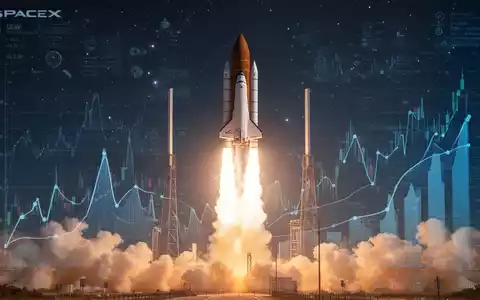 A SpaceX rocket launching into space, with digital financial charts overlaid, representing fintech investment and market performance. - Foto: über boerse-global.de