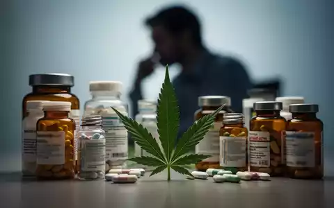 Eine stilisierte Darstellung von Medikamentenflaschen und einem Cannabisblatt vor der Silhouette einer nachdenklichen Person. - Foto: über boerse-global.de