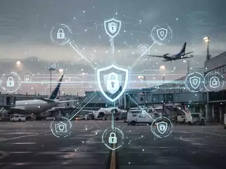 A secure digital network with cyber security icons, overlaid on a background subtly suggesting an airport terminal. - Foto: über boerse-global.de