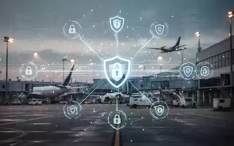 A secure digital network with cyber security icons, overlaid on a background subtly suggesting an airport terminal. - Foto: über boerse-global.de