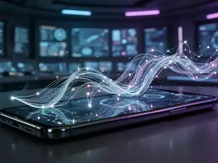 A close-up of a smartphone screen showing abstract blue and purple digital patterns, symbolizing performance and speed. - Foto: über boerse-global.de