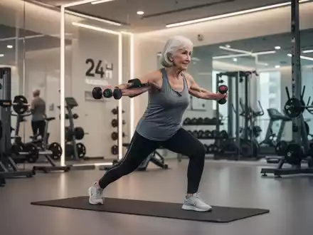 Ein modernes Fitnessstudio mit einem aktiven Senior (50+) beim Training, das 24-Stunden-Zugang und spezielle Angebote symbolisiert. - Foto: über boerse-global.de
