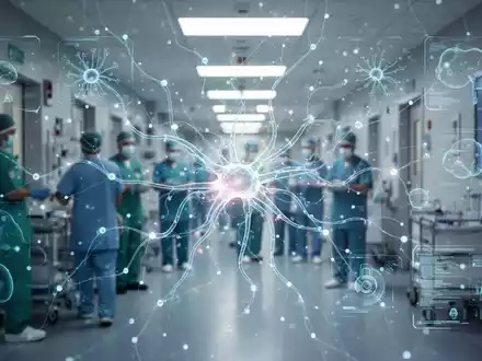 Eine futuristische Darstellung eines neuronalen Netzwerks, das sich über eine moderne Krankenhausumgebung legt, symbolisiert KI und Effizienz. - Foto: über boerse-global.de