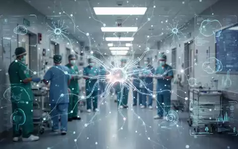 Eine futuristische Darstellung eines neuronalen Netzwerks, das sich über eine moderne Krankenhausumgebung legt, symbolisiert KI und Effizienz. - Foto: über boerse-global.de
