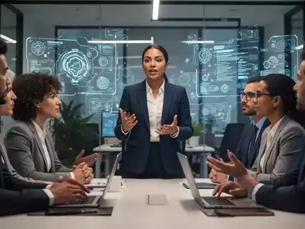 Eine Gruppe von Fachleuten in einem modernen Büro, eine Person spricht selbstbewusst, während andere zuhören, im Hintergrund sind subtile KI-Schnittstellen auf Bildschirmen zu sehen. - Foto: über boerse-global.de