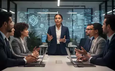 Eine Gruppe von Fachleuten in einem modernen Büro, eine Person spricht selbstbewusst, während andere zuhören, im Hintergrund sind subtile KI-Schnittstellen auf Bildschirmen zu sehen. - Foto: über boerse-global.de